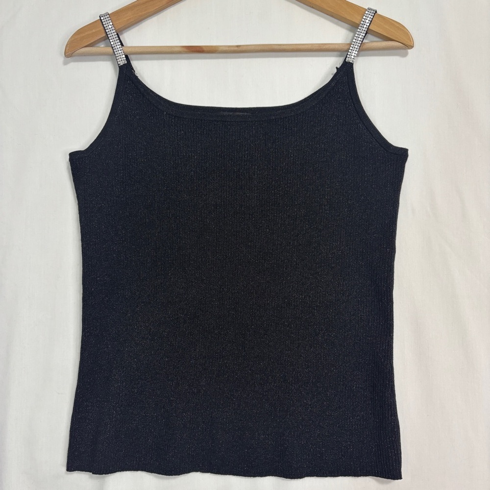 Vtg‎ Pointelle Shimmer Tank Top Womens XL Black Silk-Blend Silver Metallic Studs